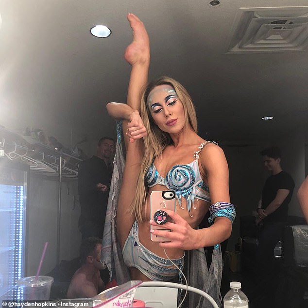 Hopkins has been spotted dancing as her Vegas character on Jimmy Kimmel Live.  Above, she is pictured in her dressing room as she prepares to perform on Kimmel's show