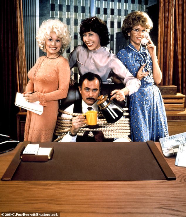 In 1980, Dabney starred in the hit film 9 to 5, about three women - Dolly Parton, Lily Tomlin and Jane Fonda - who live out their fantasy of overthrowing their boss - played by Dabney;  seen in a still from the film with Dolly, Lily and Jane