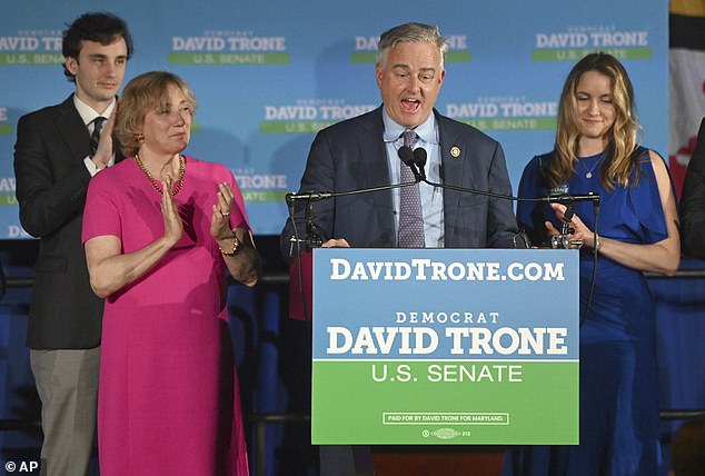 Representative David Trone speaks to supporters and concedes his Senate primary Tuesday night in Baltimore, Maryland, after making $62 million of his own fortune