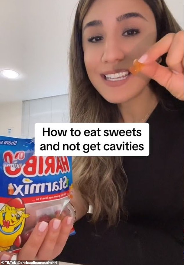 Dr.  Shaadi Manouchehri revealed her tips on how to avoid cavities if you have a sweet tooth, with her 286,700 followers