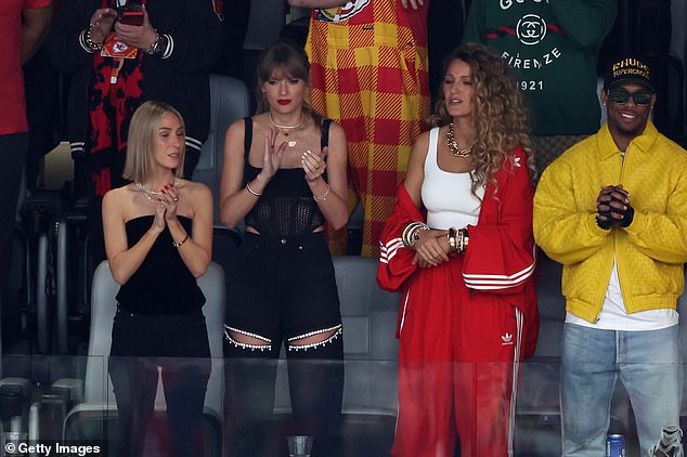 The company gained new fame after pop star Taylor Swift (pictured center) wore a $650 Dion Lee crochet corset top to the SuperBowl