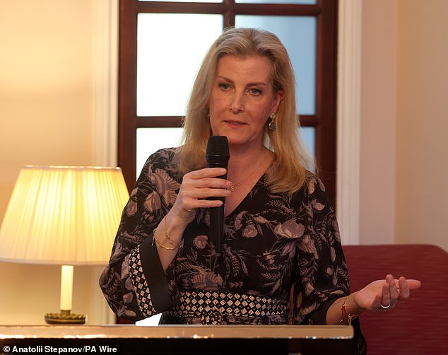 Sophie, Duchess of Edinburgh, called for justice for victims of wartime sexual violence as she spoke at a reception at the home of Martin Harris, the British Ambassador to Ukraine, in Kiev on April 29, 2024 (pictured)