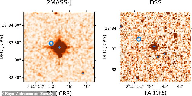 An international team of astronomers discovered Gliese 12 b, an exoplanet located 40 light-years from Earth and with a surface temperature of 107 degrees Fahrenheit.  Pictured: Image of the location of Gliese 12 b in 1998 (left) and 1949 (right)