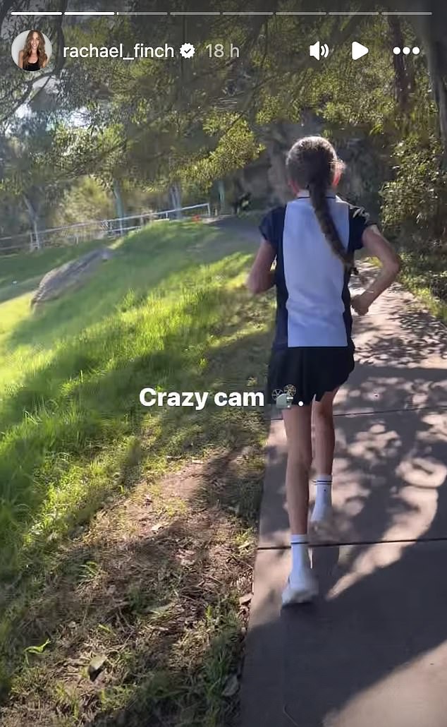 The Miss Universe Australia turned fitness influencer raised eyebrows on Friday when she uploaded a video of herself jogging behind daughter Violet, eight, (pictured) and competing with her peers