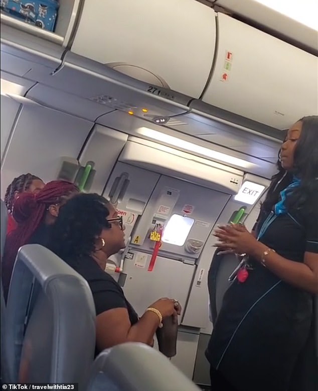 An angry Frontier Airlines passenger (left) refused to deplane after failing to follow exit instructions and arguing with staff