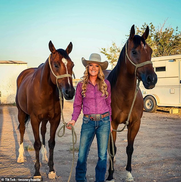 The glamorous rider, identified as Taylor, is a barrel racer and used the straps of her bra around the neck of one of her horses to restrain him after he escaped