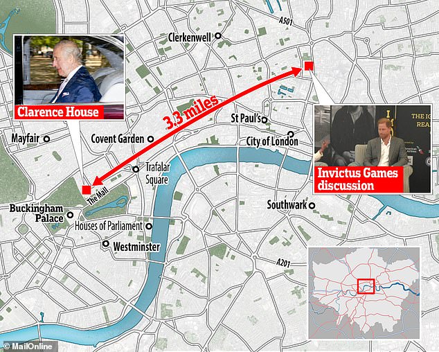 Harry was just a few miles away from Charles when he flew to London for the Invictus Games event