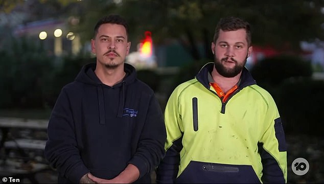Tradies Adam Smith (left) and Colby Bartels (right) are being hailed as heroes after rescuing trapped schoolchildren from the crashed bus on Wednesday afternoon