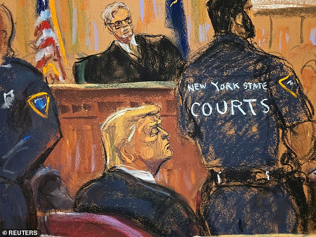 Republican presidential candidate and former US President Donald Trump reacts as the verdict is read in his criminal trial on charges that he falsified business records to hide money paid to silence porn star Stormy Daniels in 2016, in Manhattan state court in New York City, USA May August 30, 2024 in this courtroom sketch