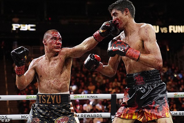 Tszyu (left) and Sebastian Fundora (right) were left covered in blood after the Australian suffered a sickening head wound during their world title fight in March