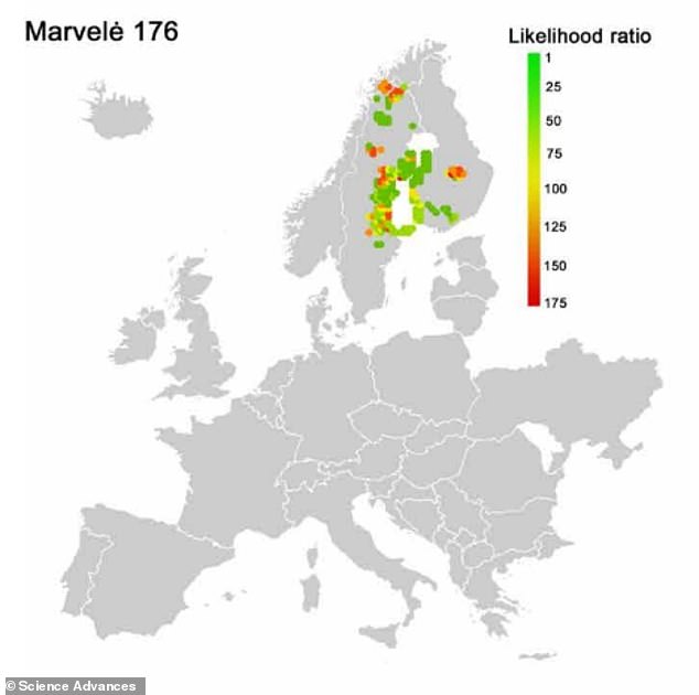 This map shows the potential origins of horses buried in one location (Marvele 176 in Lithuania)