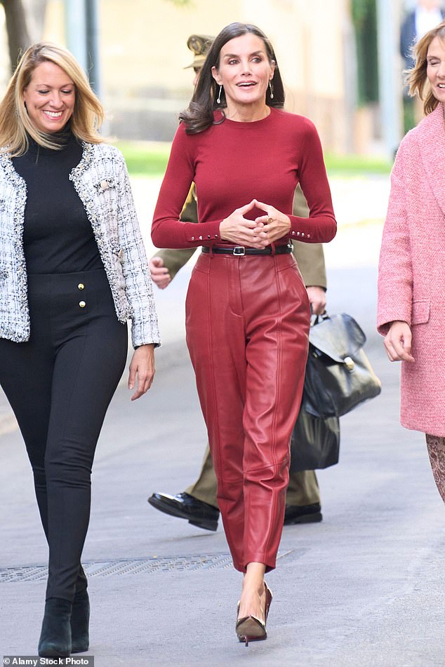 Queen Letizia of Spain has taken her Hugo Boss leather pants three times.  Above: During a trip to Barcelona in November 2022