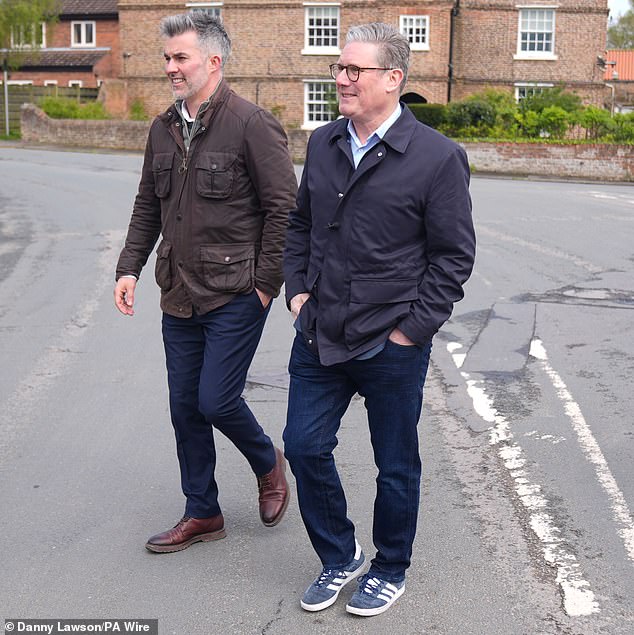 Pictured: Labor leader Sir Keir Starmer wearing a pair of £90 Adidas Gazelles as he visited a North Yorkshire village in April 2024