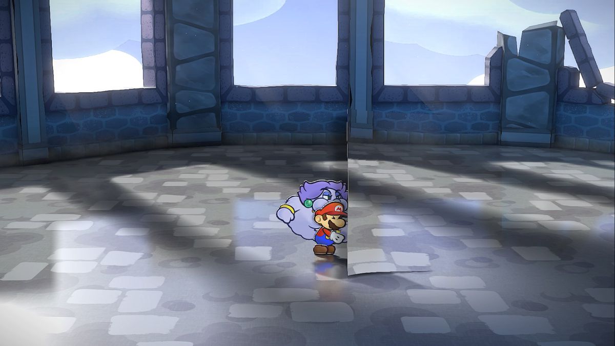 Mario and Flurrie blow away a sheet in Hooktail's Castle in Paper Mario: The Thousand-Year Door