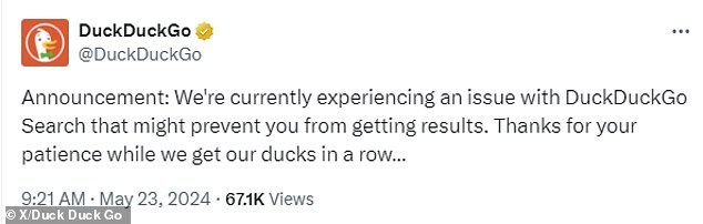 DuckDuckGo's statement about the outage was posted at 9:21 a.m. GMT