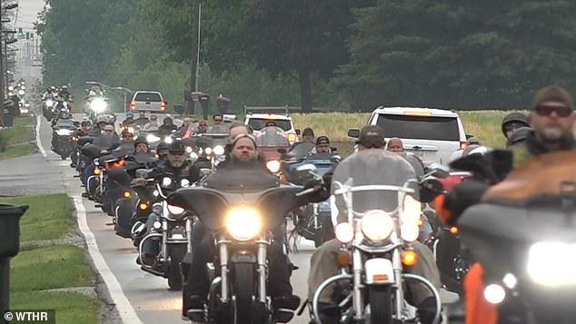 Solemn footage captured the moment hundreds of motorcycles rode side by side as they paid their respects during the funeral of Sammy Teusch, 10, in Greenfield, Indiana on Tuesday