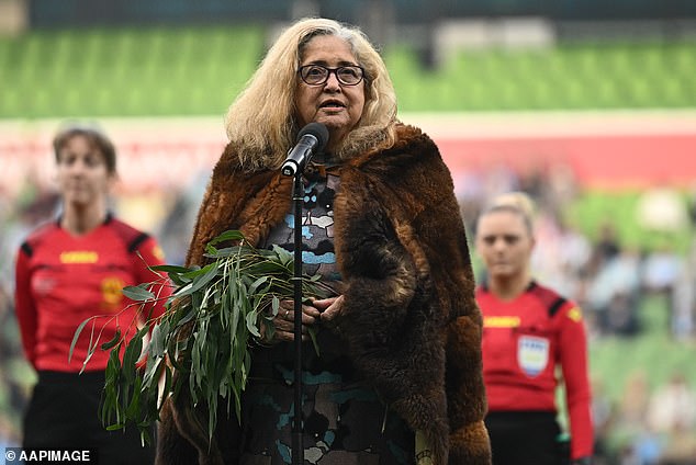 Auntie Joy Murphy Wandin is seen performing a Welcome to Country during the A-League Women Grand Final match between Melbourne and Sydney on May 4