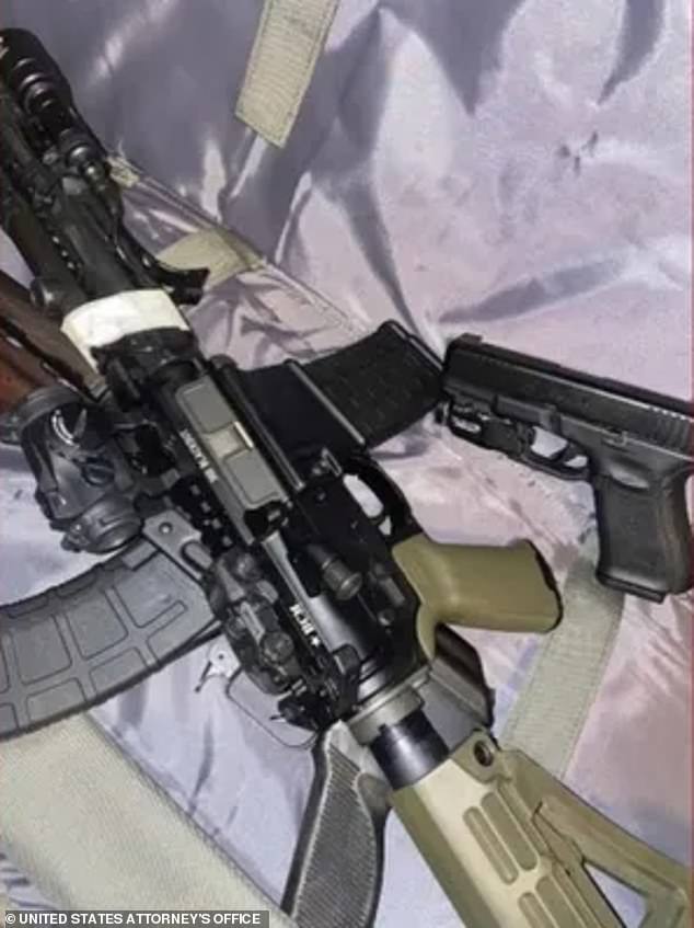 During a search, they found the hidden weapons, including an AR-style semi-automatic rifle (pictured) and a pistol