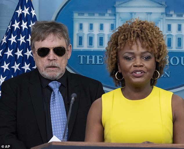 Star Wars actor Mark Hamill (left) made a surprise visit to the White House briefing room on Friday with White House Press Secretary Karine Jean-Pierre