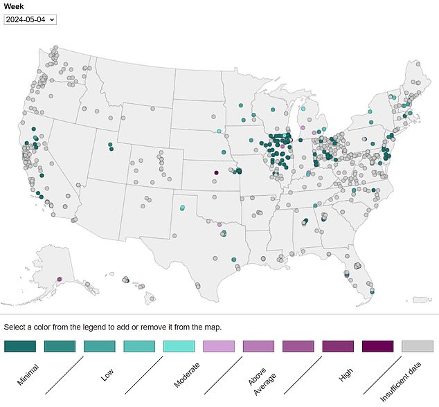 The dashboard map above shows locations where wastewater was tested for influenza A viruses over the past week, through May 4.  High levels were reported in Kansas, where livestock have also tested positive for the virus