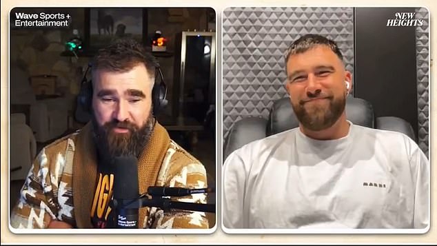 Jason Kelce (L) accelerated the engagement rumors of Travis Kelce (R) and Taylor Swift