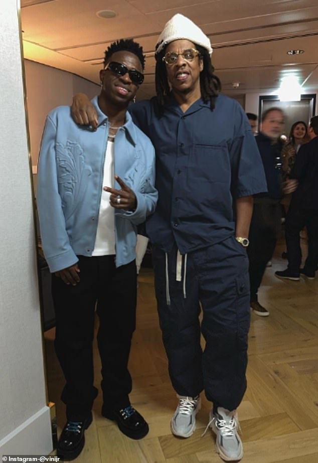 Vinicius Jr (left) is supported by Jay-Z during the Champions League final this weekend