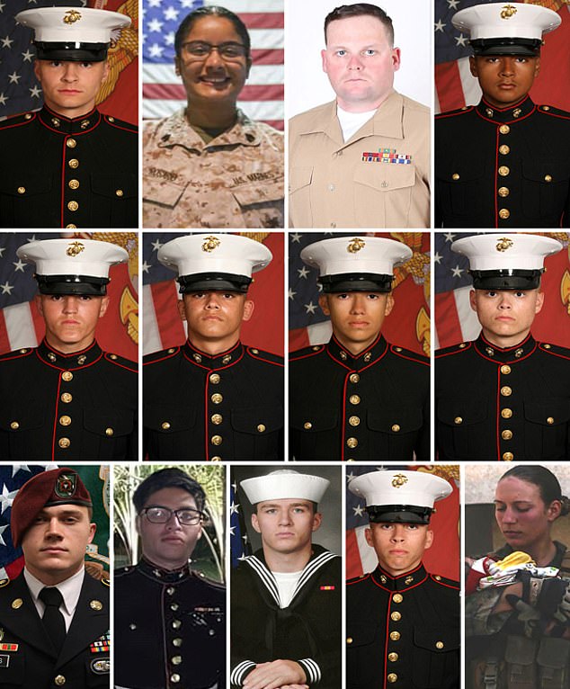 The 13 US service members killed in the 2021 Kabul bombing. LR 1 - Cpl.  Daegan W. Page 2 - Sgt.  Johanny Rosario Pichardo 3 - Staff Sgt.  Darin T. Hoover 4 - Lance Cpl.  David L. Espinoza 5 - Lance Cpl.  Rylee J. McCollum 6 - Lance Cpl.  Kareem M. Nikoui 7 - Cpl.  Hunter Lopez 8 - Lance Cpl.  Jared M. Schmitz 9 - Staff Sgt.  Ryan C. Knauss 10 - Cpl.  Humberto A. Sanchez 11 - Marine Corpsman Maxton W. Soviak 12 - Lance Cpl.  Dylan R. Merola 13 - Sergeant.  Nicole L. Gee