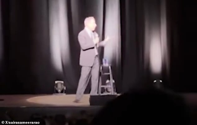 Pictured: Seinfeld on stage in Norfolk, Virginia, during the fight between a protester and an audience member.  TMZ reported that he said people should not berate protesters because they have the right to protest