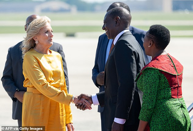 First Lady Jill Biden greets Kenyan President William Ruto and his wife, First Lady Rachel Ruto, upon arrival at Joint Base Andrews