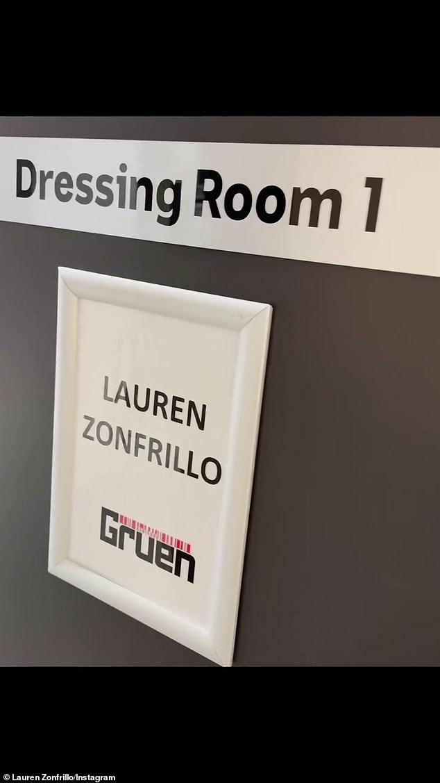 Elsewhere in the footage, the name 'Lauren Zonfrillo' is clearly visible on the door of her dressing room.  Pictured