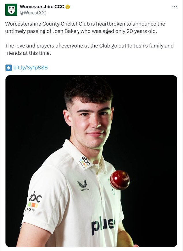 Worcestershire confirmed Baker's death on social media after he played for the second team on Wednesday