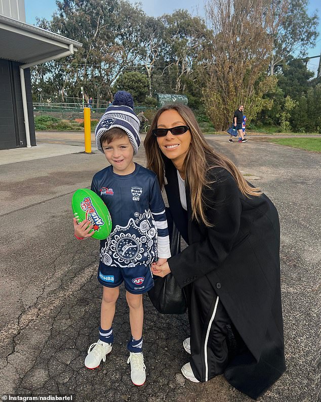 Nadia Bartel (pictured right) shared an adorable Instagram post this weekend as her six-year-old Henley (pictured left) played Australian rules football for the first time