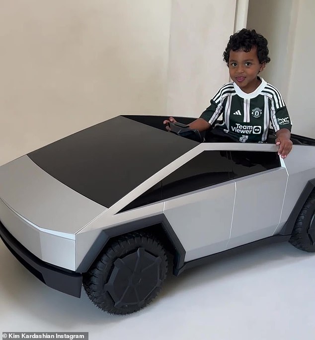 Kim Kardashian's youngest child Psalm received a very big birthday present on Thursday when he turned five years old.  His generous grandmother Kris Jenner bought Kanye West's mini-me son a small version of a Tesla Cybertruck