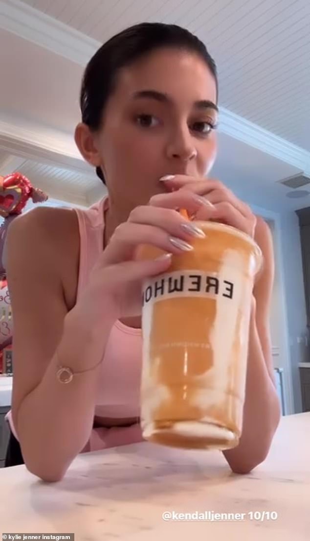 Kylie Jenner took to Instagram on Wednesday to spotlight sister Kendall Jenner's new Erewhon Peaches & Cream smoothie