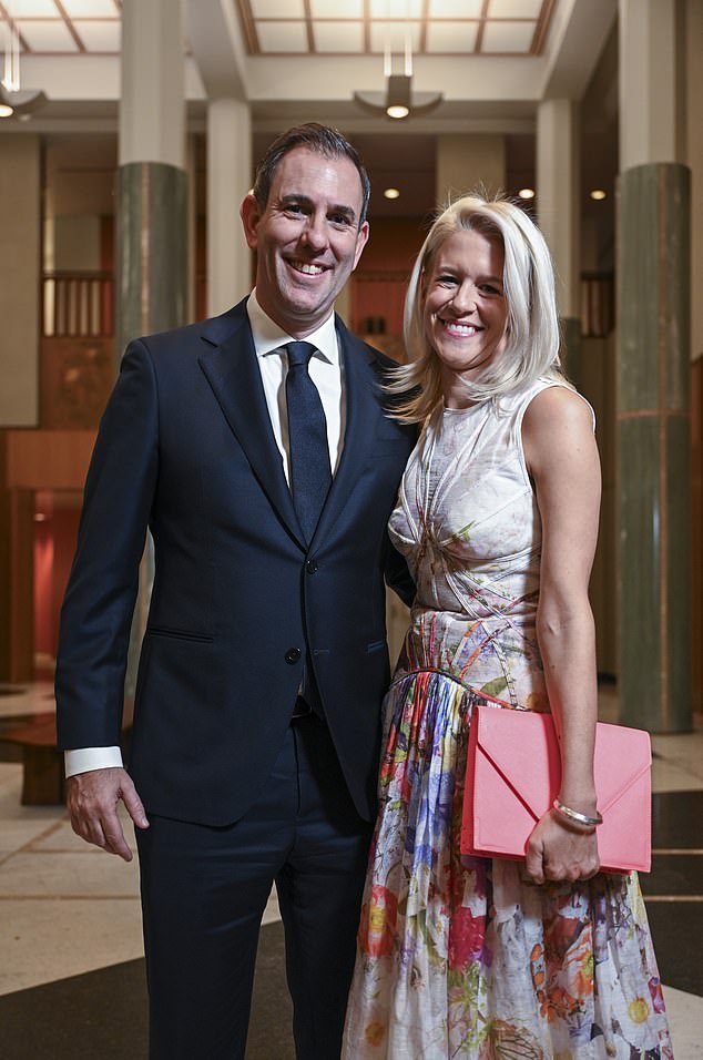 Treasurer Jim Chalmers (pictured with wife Laura at last year's Press Gallery Midwinter Ball in Canberra) announced a surplus for the financial year coming to an end - when he should have been focusing on the four years of deficits due in just six weeks will begin