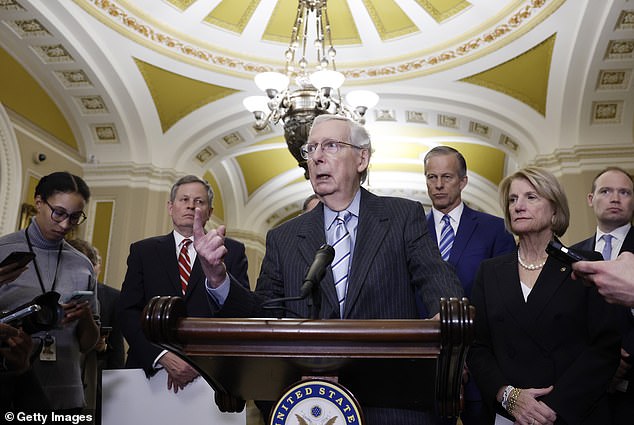 Senate Minority Leader Mitch McConnell, R-Ky., (center) flanked by fellow GOP leadership (left to right) Sens.  Steve Daines, R-Mont., John Thune, R.N.D., and Shelley Moore Capito, R.W.  V., have repeatedly claimed that they are working to gain a Republican Senate majority in November