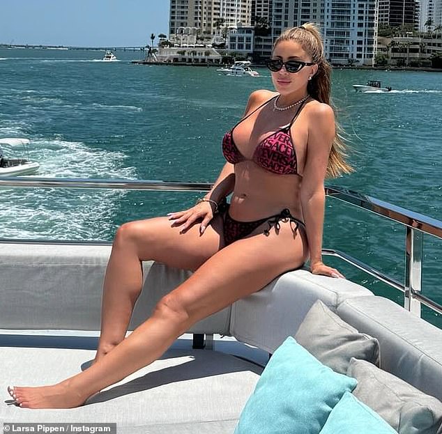 Larsa Pippen was spotted in a Versace thong bikini in Miami on Monday, which was Memorial Day.  The Real Housewives of Miami star sat on the back of the boat while wearing sunglasses with her hair partially pulled back