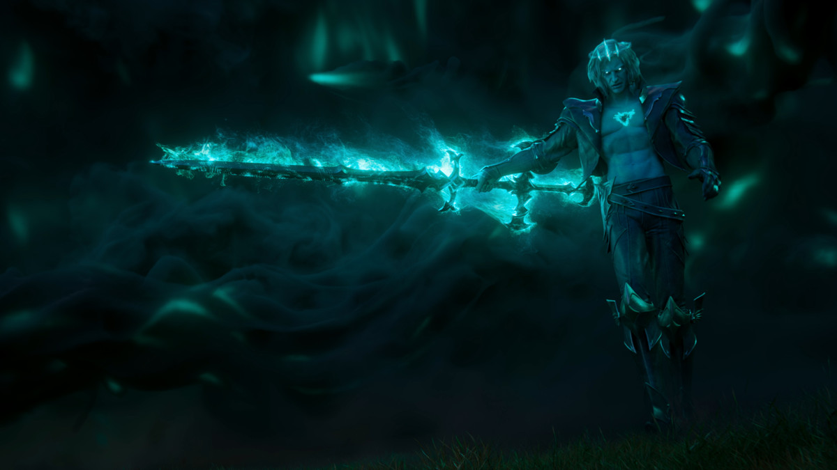 The Ruined King, Viego, from the League of Legends movie Ruination.  He is shirtless, wears a black open jacket and black pants, and carries a huge glowing green sword