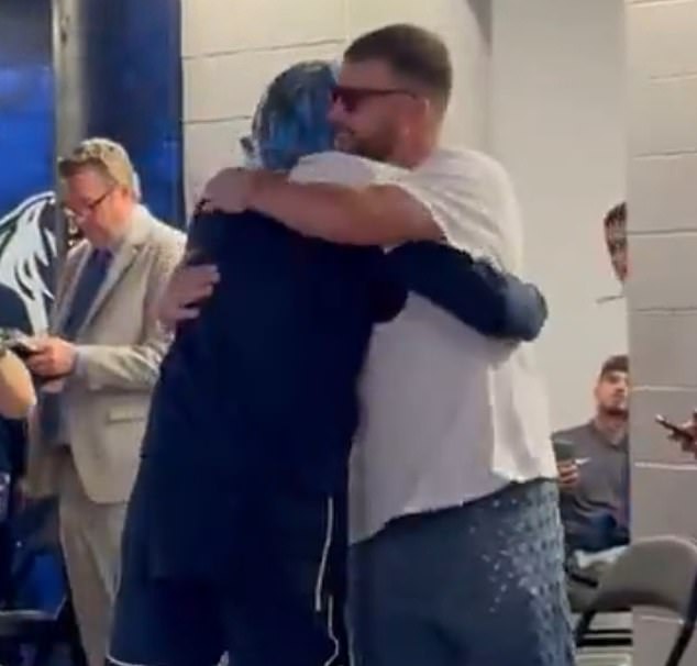 Travis Kelce and Luka Doncic greeted each other after the Mavericks defeated the Timberwolves