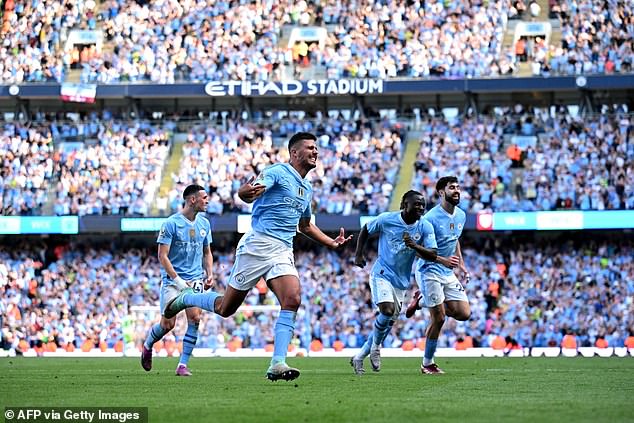 Spanish midfielder Rodri sealed a historic victory for Manchester City as Pep Guardiola won an unprecedented fourth straight league title