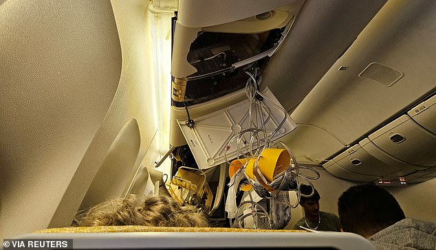 The interior of Singapore Airlines Flight SQ321 is pictured after an emergency landing at Bangkok's Suvarnabhumi International Airport, in Bangkok, Thailand, on May 21, 2024 in this handout image