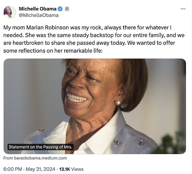 Michelle Obama paid tribute to her mother Marian Robinson, who has died aged 86