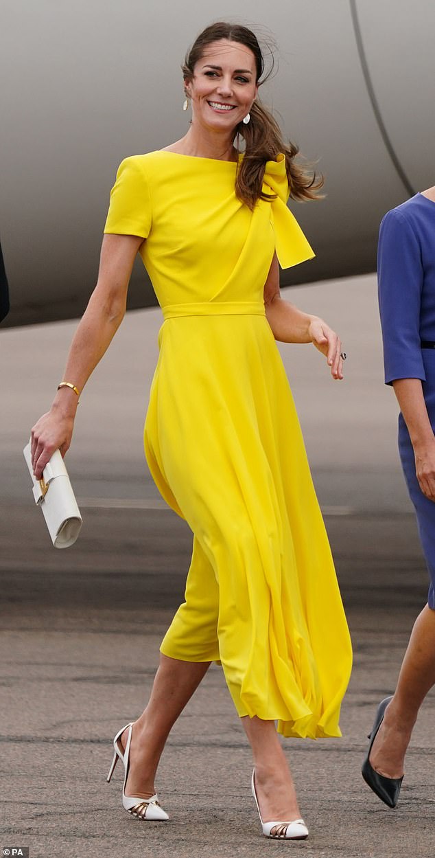 Kate opted for a yellow high-neck dress with cap sleeves by Serbian designer Roksanda for her arrival in Jamaica as part of a royal tour of the Caribbean in March 2022