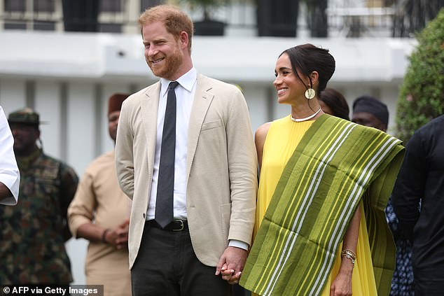 Prince Harry and Meghan Markle at the Lagos Governor's House in Nigeria last Sunday