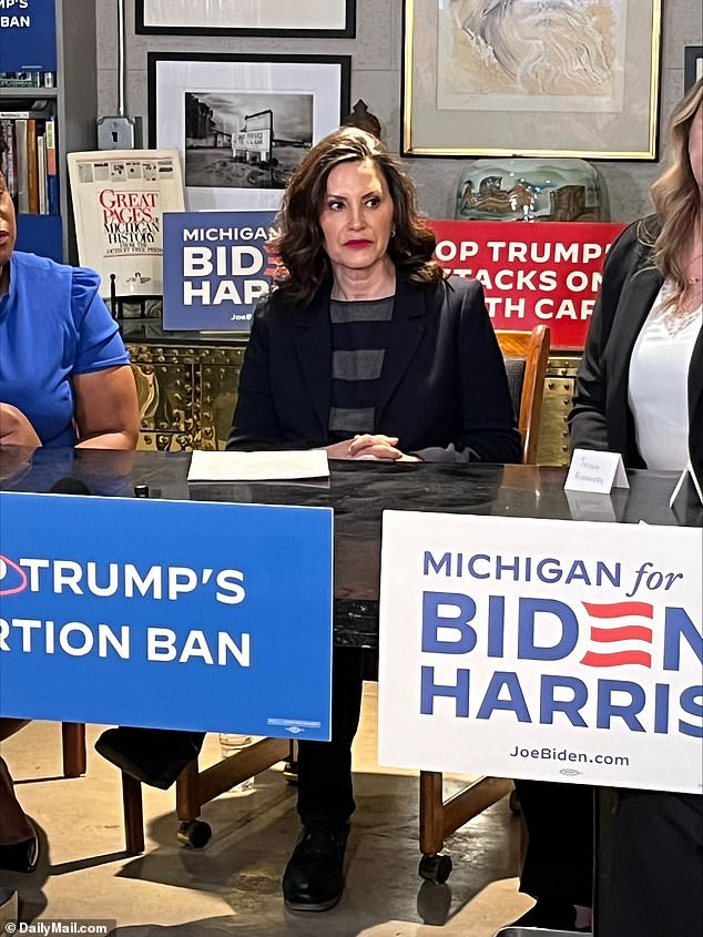 Governor Gretchen Whitmer at a roundtable on reproductive rights in Flint, Michigan, ahead of Donald Trump's visit to the state on Wednesday