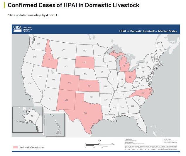 The map above shows the states that have reported bird flu infections in dairy herds