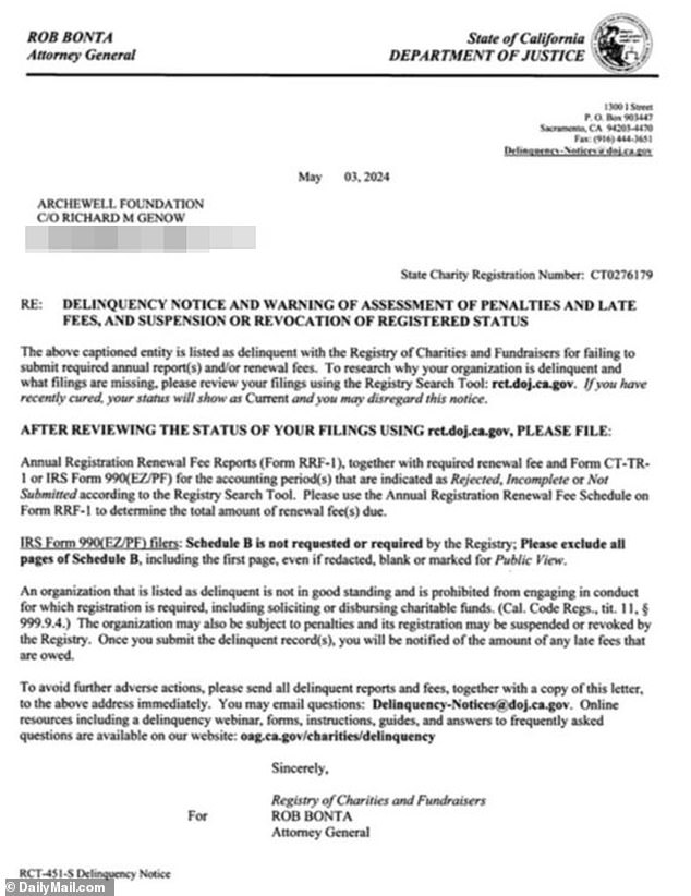 A formal notice letter was sent to the Archewell Foundation on May 3 stating that the charity was "listed as delinquent" for "failure to submit required annual report(s) and/or renewal fees"