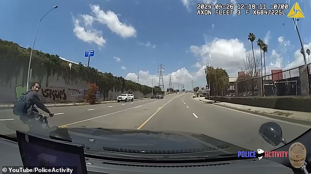 LAPD officers were filmed as they embarked on a not-so-speedy chase of a local attempted murder suspect - one who was able to elude them despite being on a bicycle.