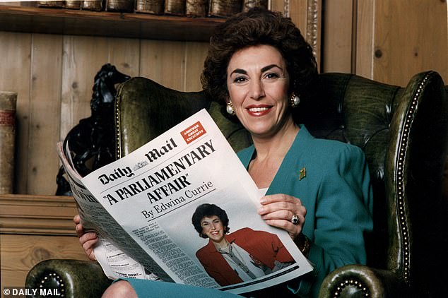 Edwina Currie reads from a fake Daily Mail to promote her bestseller, A Parliamentary Affair, in 1994