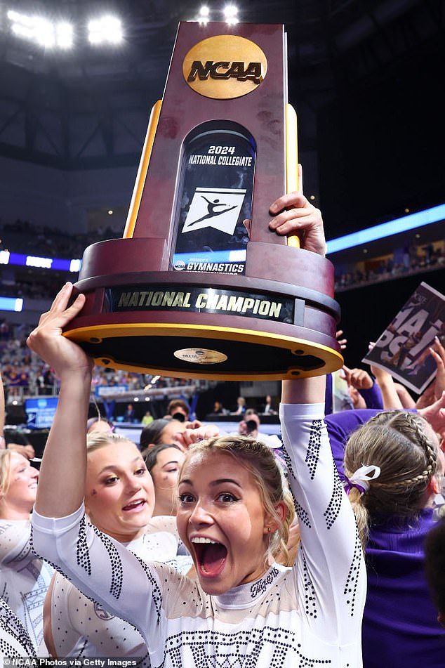 Olivia Dunne of the LSU Tigers celebrates after winning the national championship in April